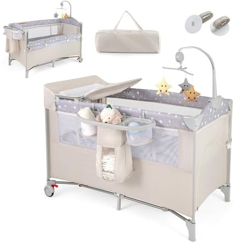 RELAX4LIFE 5 in 1 Lettino da Campeggio per Bambini, Culla Neonato con Fasciatoio e Cingia Fissagio, Carillon e 3 Giocattoli Appesi, Adatto a Bambini da 0-36 Mesi (Grigio Chiaro)