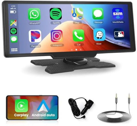 Rimoody Pantalla Carplay Coche Inalámbrico y Android Auto, 10,26 Pulgadas Pantalla Táctil Portátil Radio Coche con Android Auto, AirPlay, Android Cast, Mirror Link, Bluetooth, EQ, Transmisión FM, AUX
