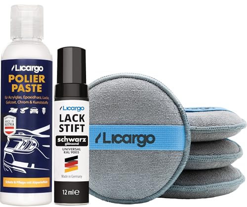 LICARGO Lackstift Polierset - 1x Lackstift Schwarz Glänzend 12ml – 1x Universal Polierpaste (150ml) - 4X Mikrofaser Applikator Pads - Professionelle Ergebnisse für Steinschläge - mit Präzisionspinsel