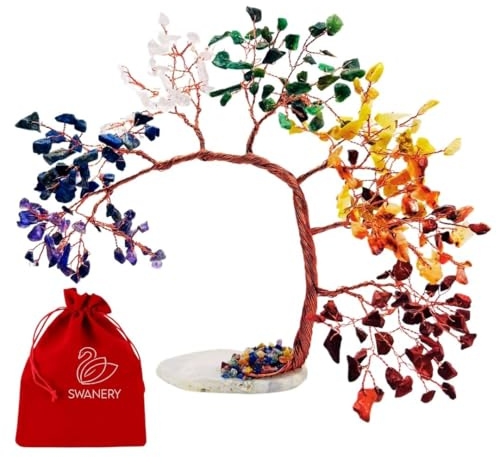 Swanery Seven Chakra Healing Crystal Tree of Life and Bracelet Unique Gift for Women and Mom, Handmade Crystal Tree for Good Luck, Positive Energy, Money, Reiki Healing, Home and Office Décor