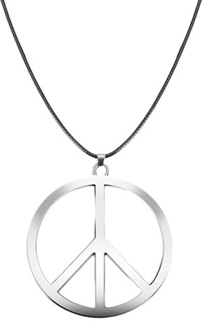 Hippie Weinibao Peace Silber Anhänger Kette, Frieden Kette aus Metall, Damen Herren, Kostüm Zubehör, Karneval Mottoparty