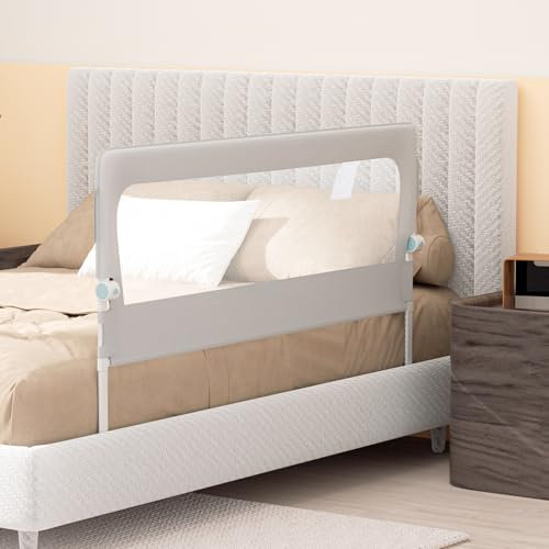Fiqops 150cm Bettgitter Rausfallschutz Klappbar, Rausfallschutz Kinderbett Bett Rail höhenverstellbar 72-86 cm mit Beistellbetten Gurt für Boxspringbetten und Kinderbetten, Grau