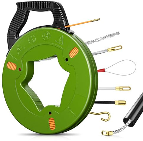 MINENICE 50m Guia Pasacables Profesional, 4.5mm de diámetro Sonda Elettricista Guia Electricista con 5 Adaptadores, Pasacables Electrico para Tirar de Cable Guía