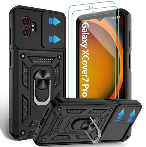 Jshru Handyhülle für Samsung Galaxy XCover 7 Pro Hülle mit 2 Stück Schutzfolie Militärisch Stoßfest Schutzhülle Kameraschutz Schutz,360° Ring Ständer Kratzfest Case für Galaxy XCover7 Pro,Schwarz