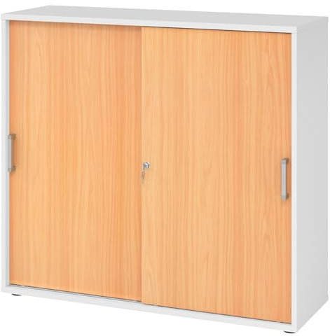bümö Schiebetürenschrank 3OH - Aktenschrank abschließbar, Sideboard Schrank mit Schiebetüren in Weiß/Buche, Chromgriff - Büroschrank aus Holz mit Schiebetür, Büro Kommode für Ordner & Co.