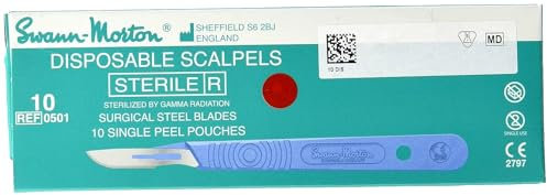 Swann-Morton Sterile Disposable Scalpels with Handle and No.10 Blade – Individually Sealed, Graduated Measure Handle, Pack of 10, Ideal for Precision Tasks, Crafts, and General Use - Box of 10
