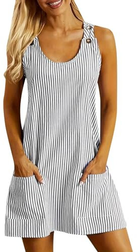 Robe Ete Femme à Rayures- Robe De Plage sans Manches avec Boutons Bretelles Col en U Mini Décontracté Classiques Simple Comfortable Chic Et Élégants De Tous Les Jours Passe-Partout Dress