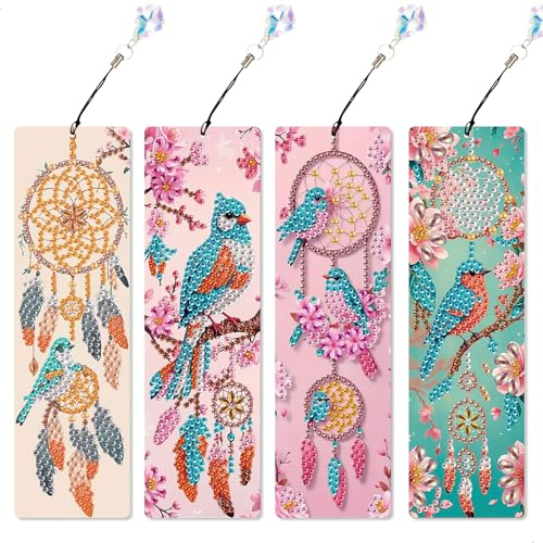Diamond Painting Lesezeichen,5D Diamant Painting Bookmark mit Quasten,DIY Lesezeichen Blumen Vögel für Leser und Student Graduierung Geburtstag Geschenk und Seite Markierung,4 Stück