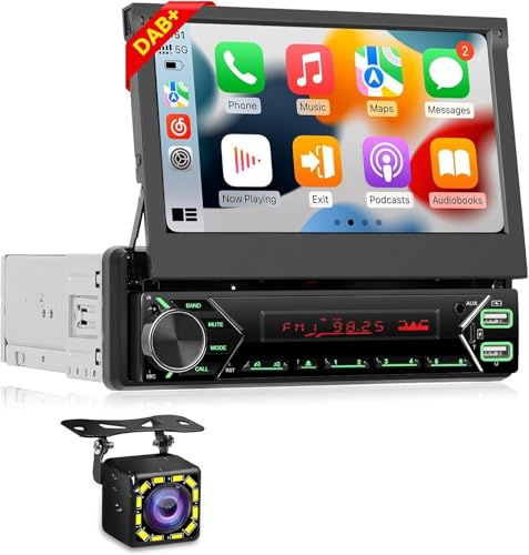 NHOPEEW 1 DIN Dab/Dab+ Autoradio con Pantalla táctil retráctil de 7 Pulgadas - Radio de Coche 1 DIN Compatible con Carplay inalámbrico/Android Auto/Mirror Link/FM/EQ + cámara de Marcha atrás