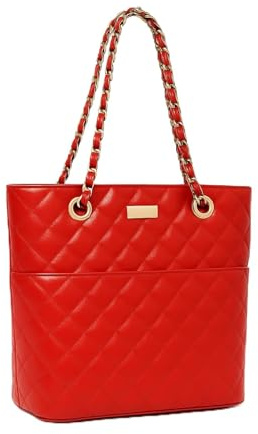 Eye Catch Große gesteppt Lack Schultertasche für Damen – Tote mit Kettengriffen, Reißverschluss, Magnetfach – Luxus Alltags Business Handtasche (Rot oder Violett)