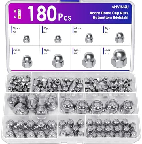 Hutmuttern Edelstahl Set 180 Stück, ANVINKU Sechskant Hutmuttern Hohe Form | M3/M4/M5/M6/M8/M10/M12 Hutmutter Set Edelstahl, Kuppelmuttern Hutmutter für Automotive, Motorrad, Möbel