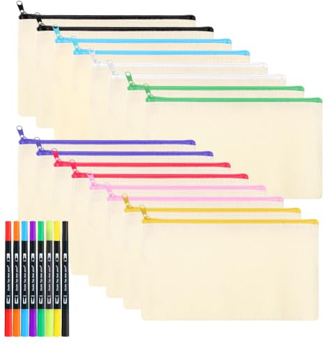 Yoosso 18 Stück Stoffbeutel Zum Bemalen DIY, 21 x 12cm | Federmäppchen Stofftaschen Zum Bemalen Stiftetasche Taschen Stoff mit 8 Acrylmarker Basteln Mitgebsel