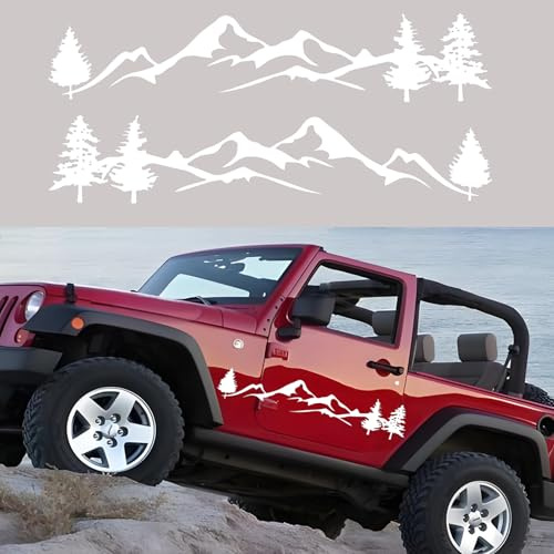 CharmVolax 1 Paar Berg Baum Autoaufkleber, wasserdichte Vinyl Motorhaube Seitenkörperaufkleber Motorhaube Autofensteraufkleber Dekoration für SUV Geländewagen Jeep Camper Wohnmobil LKW, Weiß