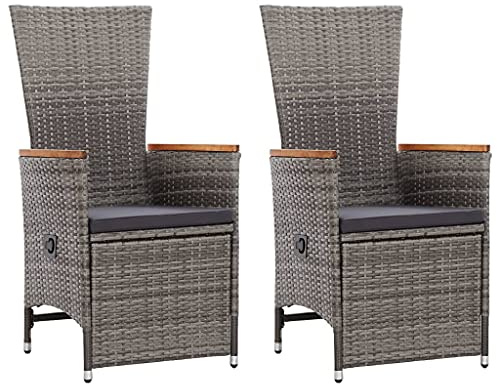 Keeushr 2 Stück Garten-Liegestühle mit Auflagen aus Poly Rattan in Grau, Verstellbare Sonnenliegen mit Gasdruckfeder, Wetterfeste PE-Rattan Outdoor-Möbel mit Akazienholz-Armlehnen