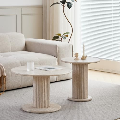 Uderkiny Stücke Beistelltisch 2er Set,Couchtisch rund Set,Couchtisch Moderner, Gelbem Travertin,Kaffeetisch mit römischer Säulenbasis für Wohnzimmer, Balkon, Schlafzimmer