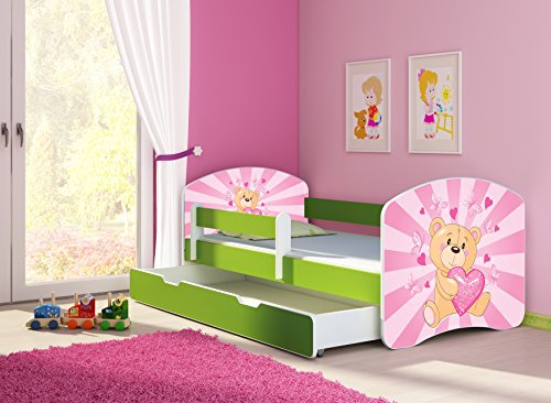 CLAMARO 'Fantasia Grün' 160 x 80 Kinderbett Set inkl. Matratze, Lattenrost und mit Bettkasten Schublade, mit verstellbarem Rausfallschutz und Kantenschutzleisten, Design: 10 Herz Teddy