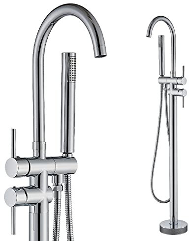 Rozin Robinet de baignoire sur pied avec bec pivotant à 360°, douchette et flexible de douche de 150 cm Montage au sol Style moderne Chromé