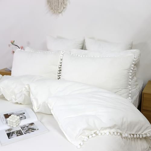 Softta Bettwäsche-Set mit weißen Bommeln, Rüschen, für Zwillingsmädchen, Bettbezug, Baby/Teenager, 3-teilig, Vintage, Bauernhaus, Boho, Bettbezug, 100 % gewaschene Baumwolle, einfarbig