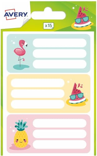 AVERY - Sachet de 15 étiquettes scolaires fantaisie design flamant rose, pastèque et ananas. Format 76 x 34 mm