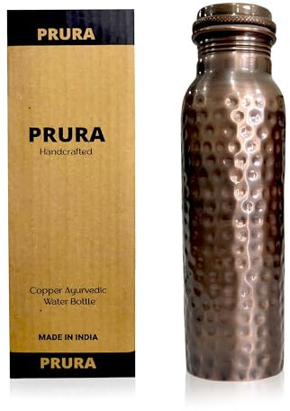 PRURA Pure Copper Unique Leaf Handmade Printed Water Bottle Yoga Ayurveda Benefits Copper Bottle Leak Proof Joint Free Copper Water Bottle