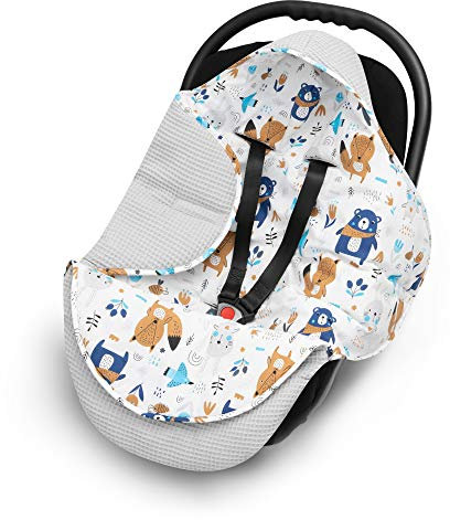 EliMeli Einschlagdecke für Babyschale 100% Baumwolle - Leichte Baby Decke für Autositz aus Waffelstoff und Baumwolle für den Sommer und Frühling, universal z.B. Maxi Cos (Grau - Waldtiere)