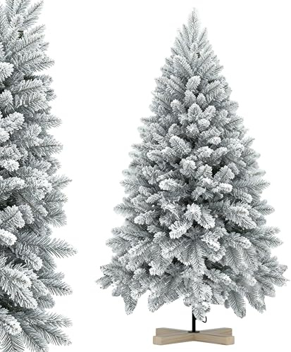 XMTECH Weihnachtsbaum Künstlich, 180 cm Künstlicher Christbaum für Weihnachtsdeko, inkl. Tannenbaum Holzständer, Natur-Weiss mit Schneeflocken
