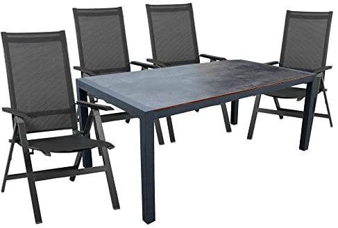 acamp Gartenmöbel Set wetterfest | 4er Set Urban Hochlehner Gartenstuhl klappbar mit atmungsaktivem Acatex-Gewebe | Extensio Fix Gartentisch mit Aluminium-Gestell | Sitzgruppe Garten in Anthrazit