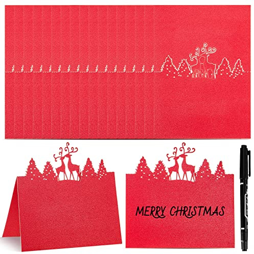 Clabby 50 Stücke Weihnachten Glitzer Rentier Tischkarten Weihnachtsbaum Geweih Sitzkarten Winter Tisch Namenskarten Weiß Sitz Platzkarten für Weihnachten Hochzeit Geburtstag Party Zubehör (Rot)