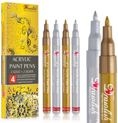 Acrylic Paint Pens - Metallic Marker Pens 2 Gold & 2 Silver Acrylic Pen - Set of 4 Paint Markers 0.7mm Extra Fine Tip - Ideal for Fabric, Glass, Wood, Canvas, Ceramic, Porcelain, Rock Painting