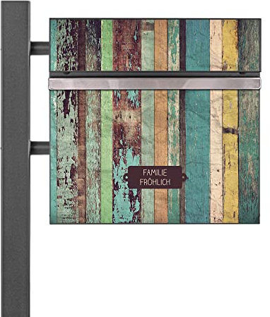 banjado® Standbriefkasten Anthrazit mit Namensschild Bunte Bretterwand & Zeitungsfach/Briefkasten mit Standfuß in Anthrazit/Postkasten A4 Einwurf inkl. Montagematerial & 2 Schlüsseln