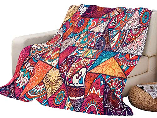 Chickwin Boho Plaid Couverture Polaire, 3D Mandala Totem Couverture en Flanelle Douce Chaudes Légères Couvertures Toutes Saisons Jete de Canape pour Voyager, Lit ou Canapé (130x100cm,Rose Rouge)