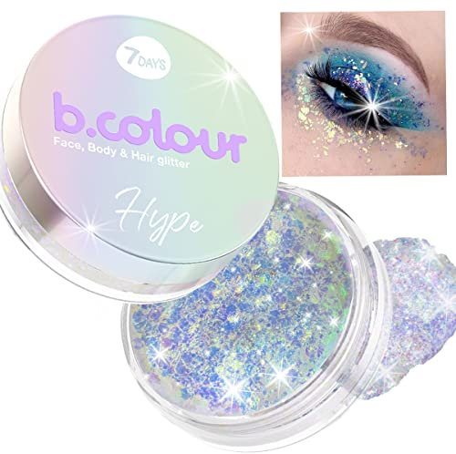 7DAYS Face Glitter for Make Up | Holographic Silver Hair & Eye & Lip Glitter Gel | Face Paint & Body Shimmer Glitter | Chunky Glitter Top for Eyeshadow Used Without Glue Skin for Kids Makeup, 25g