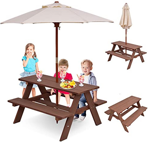 DREAMADE Table de Pique-Nique 89x79x50CM Enfant 3-8 Ans en Bois Table et Bancs de Camping Enfant avec Parasol Amovible Table d'Activités Garçons Filles pour Jardin,Cour,Pelouse (Noyer)