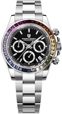 Pagani Design Herrenuhr Saphirglas Chronograph Edelstahl Wasserdicht Leuchtende Uhr Japanisches Uhrwerk Herren Quarzuhr Uhr für Männer(Bunt schwarz 1644)