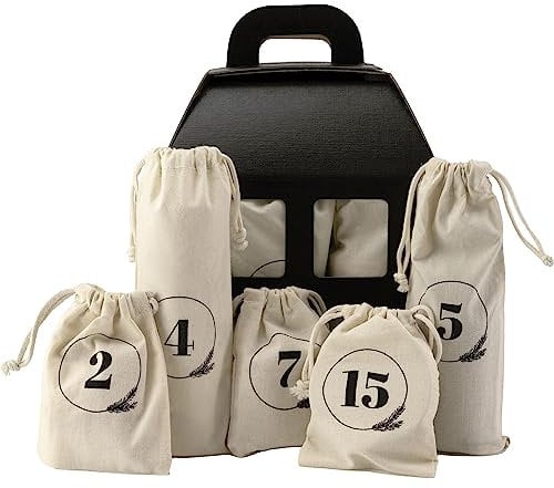 Jean & Len Adventskalender 2023, 24 handverpackte Überraschungen in wiederverwendbaren Baumwollsäckchen, mit 3 Kooperationspartnern, eignet sich auch als Geschenk, Weihnachtskalender