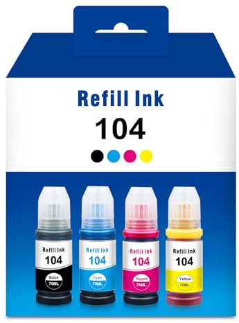 Yongairuink 104 Tinte Kompatibel mit Eps 104 Tintenflasche für ET-2710 ET-2711 ET-2712 ET-2714 ET-2720 ET-2726 ET-2700 ET-4700 (1BK 1C 1M 1Y)