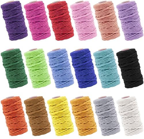 18 Rolls Macrame Cord, 3mm x 576 Yards Natural Cotton Macrame Rope, 3 Strand Twisted Colorful Twine String Cord for Artworks, Gift Wrapping, Plant Hangers, Crafts, Knitting, 18 Colors