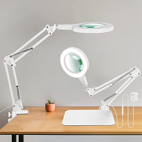 10X Lupe mit Licht und Ständer, Touch-Steuerung, 2-in-1 LED Lupenleuchte, Schreibtischlampe mit großem Sockel und Klemme, 3 Farbmodi Dimmbare, Lupenlampe für Hobby Basteln,Weiß