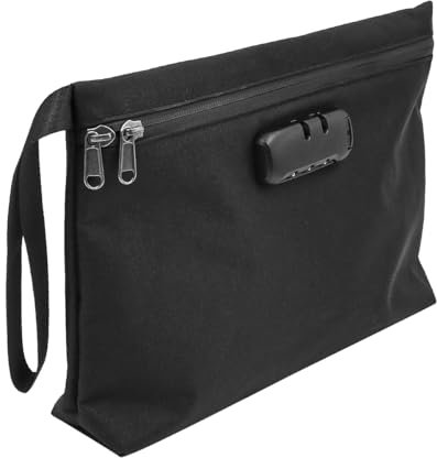 POFET Document Bag with Lock, Waterproof Money Bag Safe Storage Pouch for A4 Documents, File,Cash and Valuables(Black, 11.8 x7.88 Inches)