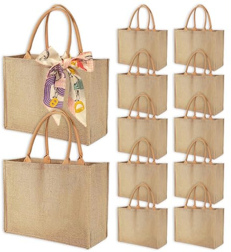 GOUWEIBA 12 Pezzi Borsa Juta Naturale Riutilizzabile e Impermeabile, Tote Bag in Tela Portatile per Shopping, Picnic, Regali, Spiaggia