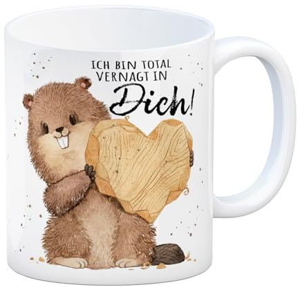 Biber Kaffeebecher mit Spruch Ich bin total vernagt in dich Liebe Romantik Partner Valentinsgeschenk Nagetier Liebesbote Valentinstag