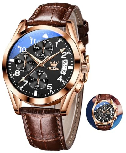 OLEVS Braun Herrenuhr Analog Kleid Modern Lederarmband Herren Armbanduhr Chronograph Leuchtende Wasserdicht Uhr Herren mit Datum Groß Schwarz Zifferblatt Männer Uhr Arabische Ziffern Leicht zu Lesen