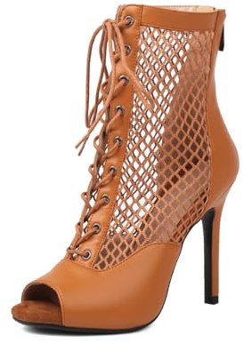Uonpie Stivali da Ballo Latino Americano Donna con Punta Aperta Scarpe da Ballo Donna Tacco 10 cm,Marrone,37.5EU
