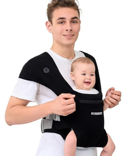 ROBIBERS Babytrage Neugeborene bis Kleinkind - Wrap Babytrage für 3,2-11,3 kg, M-förmige Sitzhaltung, Kleinkindtrage mit weichen Stoffen für Vorder- und Rückentrage, Schwarz