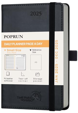 POPRUN Kalender 2025 Tagesplaner Softcover 16 x 10,5 cm, Tageskalender A6 1 Tag 1 Seite (Montag - Sonntag), Terminplaner (Jan.2025-Dez.2025) mit PU-Leder - EU-25-C6LBTA6-BK