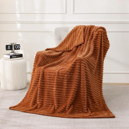 Linecooo Fleece-Überwurfdecke, 152,4 x 203,2 cm, für Couch, Sofa, Bett, superweiche, gemütliche Plüsch-Mikrofaser-Flanelldecke mit Streifen-Design, leicht, für Erwachsene, Damen, Mädchen, Burnt Orange