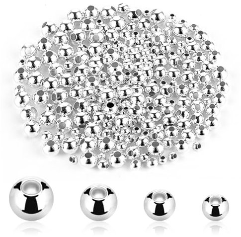 400 Stück Abstandsperlen, Galvanisierte Eisenperlen Paracord Zubehör Runde Distanzperlen Lose Perlen, Silberner Zwischenperlen für DIY Halskette Armband Schmuckherstellung (3mm 4mm 5mm 6mm)