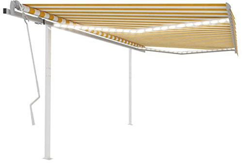 Brokky Tenda da Sole Retrattile Manuale con LED 4x3 m Gialla e Bianca-Tenda da Sole per Esterno Avvolgibile,Tenda da Sole a Bracci Estensibili con Telaio in Alluminio,Tettuccio Resistente al Sole e Im
