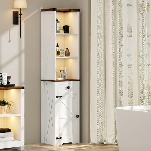 OUTDOOR DOIT Badschrank mit LED-Beleuchtung, Hoher Stauraum mit Schublade und Tür Sowie Verstellbarem Regal für Badezimmer/Wohnzimmer/Küche