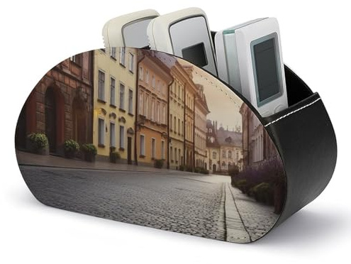 TV-Fernbedienungs-Caddy aus Leder, Aufbewahrungsbox für Fernbedienungen, Fernbedienungshalter, Motiv: Straße im historischen Zentrum Polens, bedruckt, 5 Fächer, passend für Mediencontroller, Make-up-P